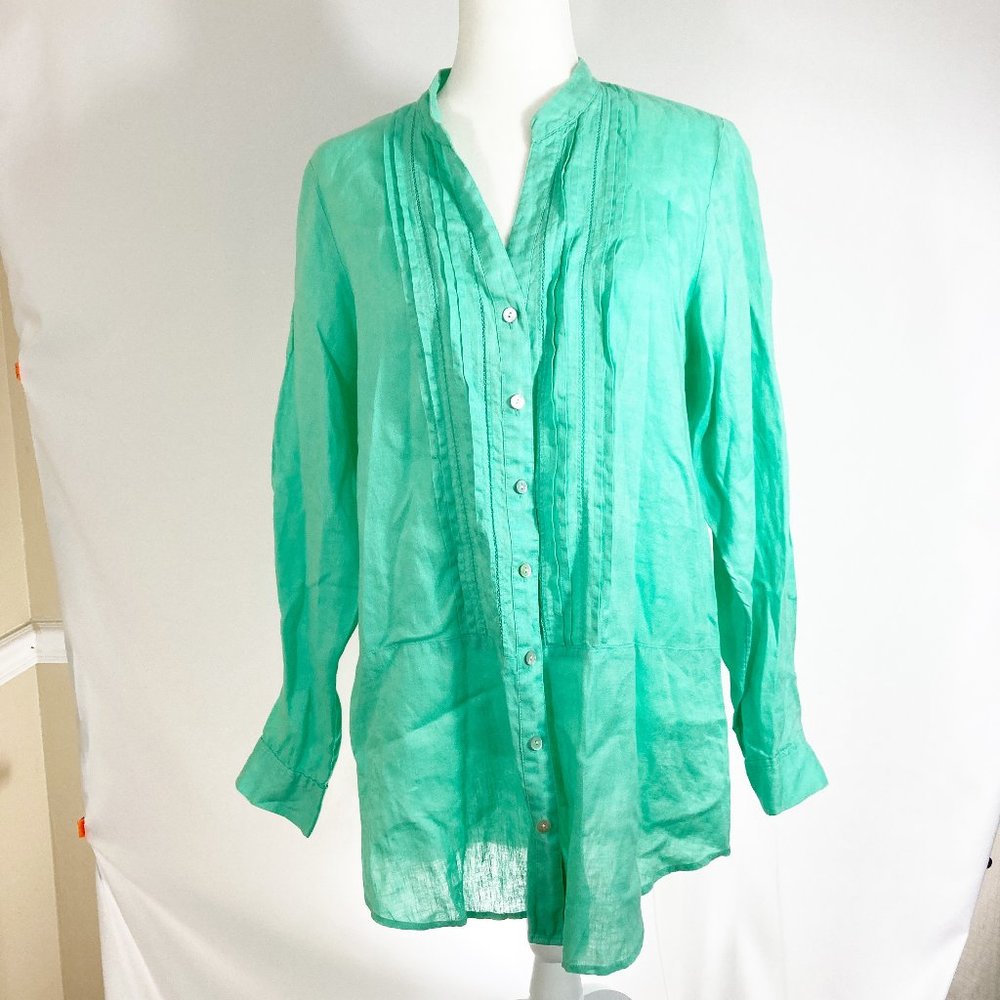J. Jill 100% Linen Pintuck Tunic Top Mint Green Boho Long Sleeve Size L